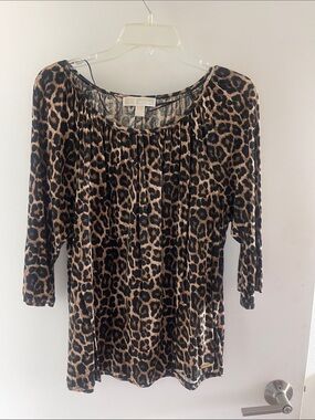 Michael Kors Leopard-Print 3/4 Sleeve Tunic Top - Brown/Black